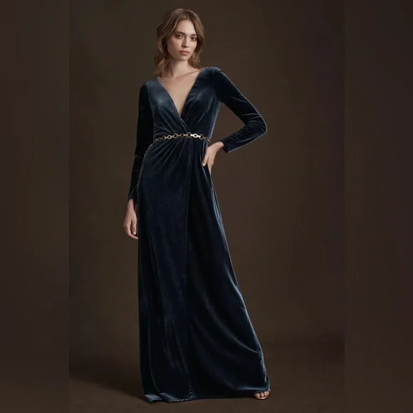Jenny Yoo | Dresses | Bhldn Jenny Yoo Ryland Vneck Longsleeve Openback  Stretch Velvet Gown | Poshmark